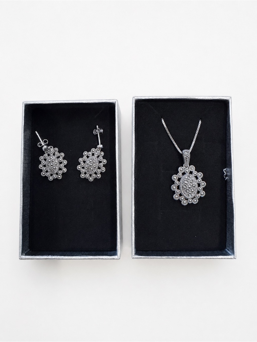Delicate sterling Silver Marcasite Pendant Necklace and Stud Earrings Set